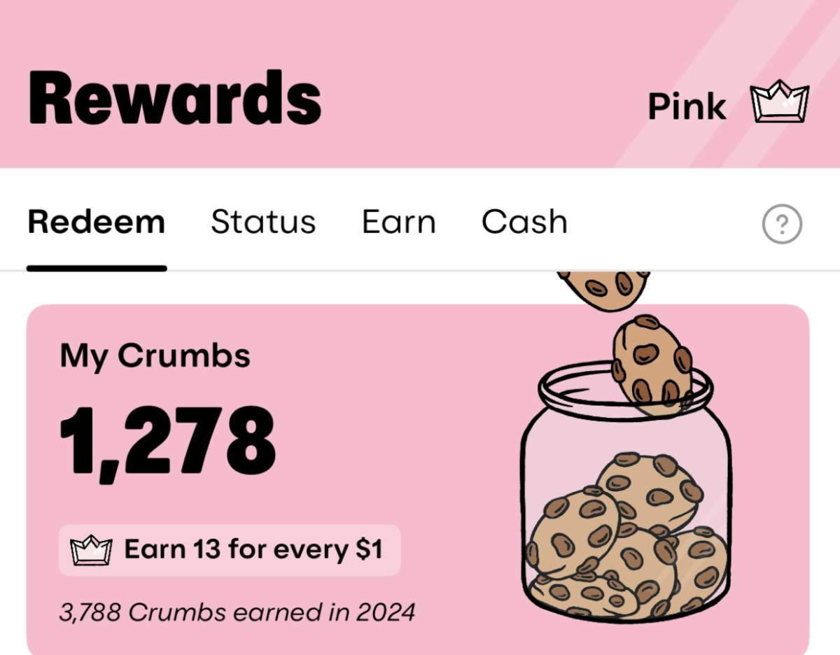 This rewards feature allows users to redeem crumbs for cookies!